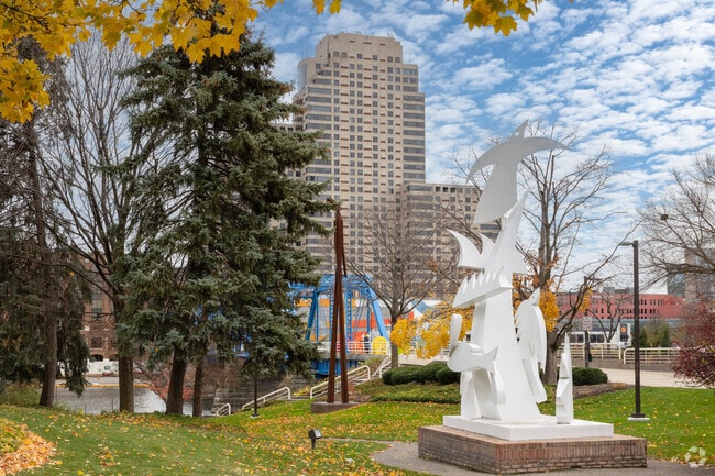The Grand River is lined with dozens of beautiful green parks and art installations.