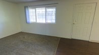 This single-floor space offers a straightforward and functional layout with a clean, neutral aesthetic throughout. The main living area is a notable feature, combining two distinct flooring types — a warm, dark hardwood near the entryway that transitions into wall-to-wall carpeting across the broader living space. This contrast creates a natural visual boundary between zones while maintaining a cohesive feel.

A large multi-pane window dominates one wall of the living area, allowing generous natural light to fill the room and creating an airy, open atmosphere. Sheer vertical blinds provide privacy while still permitting a soft diffusion of daylight. The walls are finished in a neutral, light tone that complements the flooring and enhances the sense of openness.

A white paneled door, likely the main entry, is positioned adjacent to the window wall, contributing to the room's practical flow. The overall design is minimal and uncluttered, offering a versatile canvas for a variety of furnishing styles and uses.

The space presents a practical, move-in-ready environment with straightforward finishes and a layout that maximizes usable floor area. Its single-floor design ensures easy accessibility and efficient use of space throughout.