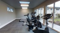 This single-floor fitness room offers a clean, functional environment designed for cardiovascular exercise. The space is outfitted with a lineup of modern cardio equipment, including treadmills, elliptical trainers, and stationary bikes, all arranged to maximize usability and flow. The flooring consists of durable, patterned carpet tiles in muted tones, providing both comfort underfoot and a practical surface for a high-traffic fitness environment. Overhead, a combination of recessed skylights and flush-mounted fluorescent light panels ensures consistent, well-distributed illumination throughout the room. A wall of large floor-to-ceiling windows along one side floods the space with natural light and offers views of the surrounding exterior, creating an open, airy atmosphere that enhances the workout experience. The walls are finished in a neutral gray tone, contributing to the room's modern and understated aesthetic. White baseboard trim provides a clean contrast against the darker flooring. The overall ambiance is bright, organized, and purpose-driven, making this fitness room a practical and inviting space for residents or guests seeking convenient access to cardio-focused exercise equipment.