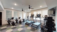 This fitness center is thoughtfully designed to support a well-rounded workout experience. The space is anchored by a cardio zone featuring multiple treadmills, elliptical trainers, and stationary bikes, including a recumbent model, all positioned to take advantage of the natural light streaming in through numerous windows fitted with roller shades. Two ceiling fans are mounted overhead, complementing the recessed lighting to maintain a comfortable exercise environment.

The flooring throughout is a standout design element, composed of large hexagonal carpet tiles in a mix of gray, green, and cream tones, lending the space a modern, stylish aesthetic. A large wall-mounted mirror in a dedicated section of the room visually expands the space and supports strength training activities. A dumbbell rack with a full set of free weights is neatly positioned nearby, alongside a small utility cart stocked with amenities such as towels.

A wall-mounted flat-screen television is installed for entertainment during workouts. The neutral, warm-toned walls and clean white ceilings contribute to an open, airy ambiance. The overall layout is organized and spacious, providing ample room to move between equipment comfortably.