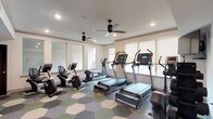 This fitness center is thoughtfully designed to support a well-rounded workout experience. The space is anchored by a cardio zone featuring multiple treadmills, elliptical trainers, and stationary bikes, including a recumbent model, all positioned to take advantage of the natural light streaming in through numerous windows fitted with roller shades. Two ceiling fans are mounted overhead, complementing the recessed lighting to maintain a comfortable exercise environment.

The flooring throughout is a standout design element, composed of large hexagonal carpet tiles in a mix of gray, green, and cream tones, lending the space a modern, stylish aesthetic. A large wall-mounted mirror in a dedicated section of the room visually expands the space and supports strength training activities. A dumbbell rack with a full set of free weights is neatly positioned nearby, alongside a small utility cart stocked with amenities such as towels.

A wall-mounted flat-screen television is installed for entertainment during workouts. The neutral, warm-toned walls and clean white ceilings contribute to an open, airy ambiance. The overall layout is organized and spacious, providing ample room to move between equipment comfortably.