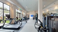 Located in Apex, NC, this fitness center offers a generously sized, single-floor layout divided into two dedicated exercise rooms. The main workout area is an expansive, open space defined by soaring ceilings, ceiling fans, and dramatic floor-to-ceiling windows along an entire wall, flooding the room with natural light and providing views of the surrounding greenery. The space is well-equipped with a comprehensive selection of cardio machines — including treadmills, ellipticals, and stationary bikes — alongside a full range of strength-training equipment such as cable machines, multi-function weight stations, free weights, and adjustable benches. Durable speckled flooring throughout provides both functionality and a clean, modern aesthetic. The secondary exercise room offers a more intimate setting ideal for group classes or individual focused training, featuring spin bikes, step platforms, full-length wall mirrors that amplify the sense of space, recessed lighting, a ceiling fan, built-in storage cubbies, and tasteful artwork. Black-framed glass doors connect the two rooms, maintaining visual flow while defining each dedicated zone. The overall ambiance is bright, modern, and professional, creating an inviting environment for a wide variety of fitness activities.