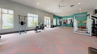 This spacious fitness center is designed to accommodate a comprehensive range of workout routines within a single, open-plan floor. The interior is finished with a distinctive herringbone-patterned carpet in gray and coral tones, complemented by teal accent walls and light gray surfaces that lend the space a modern, energetic aesthetic. Recessed lighting and ceiling fans ensure the environment remains well-lit and comfortable throughout.

The cardio zone features a row of Star Trac treadmills, stair climbers, and elliptical machines positioned along large windows that provide views of the surrounding outdoor greenery, offering natural light and a pleasant exercise backdrop. Full-length mirrors are strategically placed to visually expand the space and support proper form during workouts.

A dedicated strength training area houses a cable/functional trainer machine, a dumbbell rack, weight benches, and a barbell rack, providing options for both free weight and machine-based resistance training. Rowing machines and stationary bikes occupy a central zone, ideal for low-impact cardio sessions.

A separate functional training area features suspension trainers, a heavy punching bag, kettlebells, medicine balls, and battle rope accessories, supporting high-intensity and cross-training workouts. Wall-mounted televisions and open floor space complete this well-rounded fitness facility.