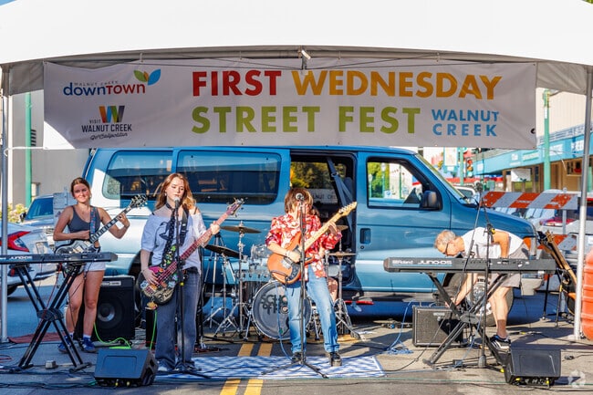 Downtown Walnut Creek First Wednesday Street Fest for live music, food, and 80+ artisan vendors.