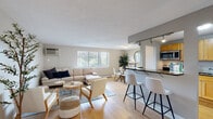 This single-floor residence is thoughtfully laid out to maximize functionality and comfort. Light hardwood flooring runs throughout the main living areas, creating a cohesive and warm aesthetic. The open-concept living and dining area is bright and welcoming, with multiple windows that invite natural light and offer views of surrounding greenery. A wall-mounted air conditioning unit provides climate control, and baseboard heating is present throughout. The living area flows seamlessly into a dining nook, complete with a glass-top table and modern seating, accented by a round wall mirror and decorative greenery.

The kitchen is semi-open to the living space, separated by a dark granite breakfast bar with bar seating. It features light wood cabinetry, dark granite countertops, a stainless steel sink, and full appliances including a refrigerator, stove, and microwave, all illuminated by track lighting overhead.

The bedroom is generously sized, featuring hardwood floors, a window with natural light, and direct access to a spacious walk-in closet outfitted with built-in shelving. The bathroom is finished with tile flooring, a dark vanity with a light countertop, and clean, neutral tones throughout.