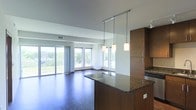 This single-floor space showcases a thoughtfully designed open-concept layout that seamlessly integrates the kitchen and living areas. The kitchen is anchored by a substantial island topped with dark granite countertops, complemented by rich, dark wood cabinetry that extends to the ceiling, providing generous storage. Three sleek pendant lights hang above the island, offering focused task lighting while adding a contemporary design element. Stainless steel appliances complete the kitchen's modern aesthetic.

The living area features wide-plank dark hardwood flooring that runs throughout, creating a warm yet sophisticated atmosphere. Floor-to-ceiling windows and a sliding glass door span the far wall, flooding the interior with natural light and framing expansive outdoor views of surrounding greenery. The large windows contribute to a bright, airy ambiance and create a strong visual connection to the outdoors. White walls provide a clean, neutral backdrop that highlights the contrast of the dark wood and granite finishes. The overall design balances functionality with contemporary style, making it a versatile and inviting living space.