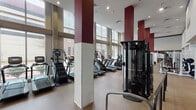 This two-story fitness center is designed to accommodate a comprehensive range of workout needs within a bright, well-appointed environment. The space is defined by soaring floor-to-ceiling windows that line the perimeter walls, flooding both levels with abundant natural light and offering open views of the surrounding streetscape. The architectural design incorporates bold burgundy accent columns throughout, creating visual structure while complementing the neutral tones of the walls and speckled rubber flooring underfoot.

The main level houses an extensive cardio zone featuring rows of treadmills, ellipticals, stair climbers, and stationary bikes, all positioned along the windowed walls to maximize natural light during workouts. Strength training is well represented with a selection of selectorized cable machines and plate-loaded equipment positioned throughout the floor. A dedicated free weight area includes dumbbell racks, a power rack, benches, and plyometric boxes, accompanied by wall-mounted mirrors and motivational signage. An accessible ramp with handrails ensures seamless navigation across the space.

The second level extends the cardio offering with additional treadmills and ellipticals positioned along a windowed wall, providing elevated outdoor views. Recessed lighting throughout both floors supplements the natural light, ensuring a consistently bright and energizing atmosphere.