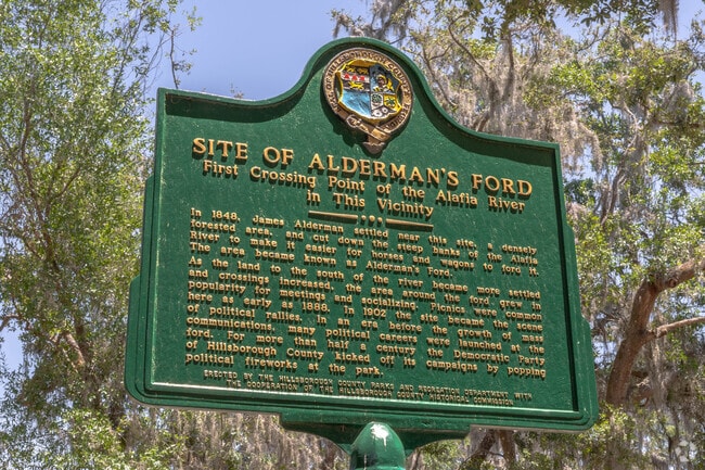Come see the original location where James Alderman originally crossed the Alafia River and made a settlement in 1848.