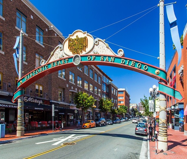 The entrance to the historic Gaslamp Quarter is located on Fifth Avenue