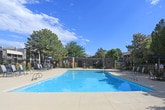 Located at 5222 Wyoming Blvd NE in Albuquerque, New Mexico, this outdoor amenity space is centered around a generously sized swimming pool with striking turquoise water that reflects the expansive New Mexico sky. The pool is surrounded by a broad, smooth concrete sun deck finished in warm desert tones, offering ample room for lounging and recreation. Multiple lounge chairs are positioned along the poolside, providing ideal spots for sunbathing, while shaded seating areas with navy blue patio umbrellas and tables offer a retreat from the sun. A dedicated BBQ grill station is tucked within a stucco-walled enclosure that echoes the Southwestern architectural character of the property, complete with desert landscaping featuring native grasses, cacti, and flowering plants. The entire area is enclosed by a black iron security fence, ensuring safety and privacy. Mature pine and deciduous trees frame the perimeter, providing natural shade and greenery that complements the surrounding multi-story residential buildings. The space benefits from abundant natural sunlight and open skies, creating a bright and inviting outdoor environment well-suited to the sunny Albuquerque climate.