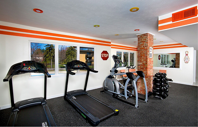 Bright and modern fitness center with treadmills, an elliptical machine, and free weights, offering a dynamic workout environment. - Oak Park