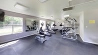 This single-story fitness center is designed to support a comprehensive workout experience, offering a thoughtfully arranged layout across a spacious open floor plan. The facility is divided into functional zones, with dedicated areas for cardiovascular training and strength work. The cardio section houses multiple treadmills and an elliptical machine, positioned alongside a large wall mirror that enhances the sense of space and allows users to monitor their form. A stationary recumbent bike and additional aerobic equipment round out the cardio offerings.

The strength training area features a cable weight machine, a bench press station, a dumbbell rack with a stability ball, and various free weight benches, providing options for both isolated and compound exercises. Throughout, the flooring consists of durable dark rubber or foam interlocking tiles, offering cushioning and traction underfoot.

Natural light filters in through multiple windows and a set of French doors, which open to an outdoor area and contribute to an open, airy atmosphere. Overhead flush-panel lighting supplements natural illumination. The walls are painted in neutral gray tones, maintaining a clean and focused environment. Motivational wall decals are visible, adding an energizing touch to the overall ambiance.