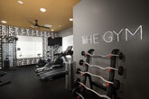 This well-appointed fitness room delivers a comprehensive workout environment within a compact, efficiently organized layout. The space makes an immediate visual impression with its bold black-and-white geometric patterned accent walls, contrasted by a warm gold-painted ceiling and recessed lighting, creating an energetic yet polished atmosphere. Ceiling fans provide air circulation throughout.

The room is equipped with a diverse range of Spirit-brand cardio machines, including a treadmill, stationary bike, elliptical, and a rowing machine, catering to a variety of aerobic training needs. A multi-function cable resistance machine is positioned along one wall, offering options for strength and functional training. A full dumbbell rack with a flat bench occupies a central area, supported by a large floor-to-ceiling mirror that visually expands the space and assists with form during exercise.

Near the entrance, a stability ball rack holds multiple exercise balls alongside a SmartMat stretching guide, providing a dedicated area for flexibility and functional fitness work. A wall-mounted flat-screen television is also present for entertainment during workouts. Multiple windows with blinds allow natural light to filter into the space. The room features durable dark-toned flooring suited for high-traffic fitness use, and a neon "THE GYM" sign adds a modern, energetic touch to the overall design.