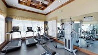 Located at 775 CL Tart Cir in Fayetteville, NC, this fitness center combines functionality with refined architectural detail. The space is defined by a striking coffered ceiling with rich wood trim and recessed lighting, lending the room a polished, upscale ambiance that sets it apart from a typical gym environment. Large windows dressed with decorative valances line the walls, flooding the interior with abundant natural light while offering a bright, welcoming atmosphere for workouts. The flooring features durable, dark rubberized material well-suited for fitness use. The facility is well-equipped with a comprehensive selection of cardio machines, including treadmills, ellipticals, and step trainers, all positioned to take advantage of the natural light from the surrounding windows. A wall-mounted mirror extends along one side of the room, enhancing the sense of space and allowing users to monitor their form during exercise. A cable strength training machine is also present, accompanied by instructional exercise charts posted for user reference. The single-floor layout ensures easy accessibility throughout, and the thoughtful combination of upscale design elements with practical fitness equipment makes this space both inviting and fully functional for residents and users.
