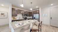 This single-floor residence offers a thoughtfully designed open-concept layout that seamlessly connects the kitchen, dining, and living areas. The kitchen serves as the centerpiece, featuring rich dark-brown cabinetry, subway tile backsplash, and a generous granite-topped island with bar seating illuminated by stylish pendant lighting. Full stainless steel appliances, including a French door refrigerator, built-in microwave, and electric range, complete the space. Light wood-look flooring runs throughout the main living areas, enhancing the bright, airy atmosphere created by recessed and pendant lighting.

The living room benefits from large windows and a glass door that invite natural light and provide views of the surrounding greenery. Multiple bedrooms offer comfortable retreats, each with natural light from well-placed windows, neutral carpeting or hard-surface flooring, and ceiling fans. The primary bedroom connects to a well-appointed en-suite bathroom featuring granite countertops, dark cabinetry, a glass-enclosed shower, and direct access to a spacious walk-in closet. A dedicated laundry area with a full-size washer and dryer adds everyday convenience throughout this polished, modern residence.