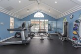 This fitness room is a thoughtfully designed space that combines architectural elegance with comprehensive workout functionality. The room's most striking feature is its dramatic vaulted ceiling, accented by white coffered detailing, exposed beams, and a ceiling fan that enhances airflow throughout the space. A large arched window at the front facade floods the interior with natural light, complemented by additional windows along the side walls fitted with white blinds. The light blue walls and crisp white trim create a bright, energizing atmosphere.

The dark rubberized flooring provides a durable, slip-resistant surface suitable for all types of exercise. Cardio equipment includes treadmills, elliptical trainers, and upright bikes, while strength training options feature a multi-station cable machine, free weights, a dumbbell rack, medicine balls, and adjustable benches. A wall-mounted flat-screen television and motivational wall decals add to the engaging environment. A water dispenser and waste bin are conveniently located near the glass-paneled entry door, which is clearly marked "Fitness Room." Mirrors along one wall further enhance the sense of space and allow users to monitor their form during workouts.