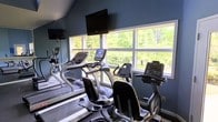 This fitness center offers a focused and well-appointed space designed to support a comprehensive cardio workout routine. The room features a vaulted ceiling that adds a sense of openness and volume, complementing the overall airy feel of the space. The walls are painted in a cool slate blue, contributing to a calm and focused atmosphere conducive to exercise.

Large multi-pane windows line one wall, flooding the room with abundant natural light and providing clear views of lush, green surrounding trees. This connection to the outdoors enhances the workout experience, offering a refreshing visual backdrop during exercise sessions.

The fitness center is outfitted with a selection of modern cardio equipment, including treadmills by Star Trac, elliptical trainers, an upright stationary bike, and a recumbent bike, catering to a variety of fitness preferences and intensity levels. Multiple wall-mounted flat-screen televisions are positioned throughout the space, ensuring entertainment is easily visible from any machine.

A wall-length mirror on one side of the room visually expands the space while allowing users to monitor their form. The dark flooring grounds the room and provides a sturdy, practical surface suited for active use.