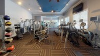 This single-story amenity space at 10311 Falls River Dr in Raleigh, NC, offers a thoughtfully designed fitness center and a dedicated package locker area. The fitness center is spacious and well-lit, featuring large windows along one wall that invite natural light and provide views of the surrounding greenery. A striking tray ceiling painted in a deep teal blue adds a bold architectural element overhead, complemented by ceiling fans and recessed lighting. The room is lined with full-length mirrors that enhance the sense of space, while patterned carpet tiles in warm earth tones cover the floor. Equipment includes Cybex cardio machines, ellipticals, treadmills, stationary bikes, a full rack of free weights, and multiple cable and strength machines, making it suitable for a comprehensive workout. An adjacent package locker room continues the geometric design theme, with lockers decorated in teal, navy, and neutral tones forming a bold triangular pattern across their surfaces. Wire accent chairs provide a seating area within the locker room. Together, these spaces reflect a cohesive, modern aesthetic with a vibrant color palette and functional layout.