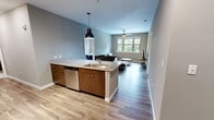 Located at 303 W Blount Ave in Knoxville, Tennessee, this single-floor unit offers four bedrooms and four bathrooms within a well-designed, contemporary layout. The open-concept kitchen and living area serves as the heart of the home, featuring a granite-topped island with pendant lighting, wood-grain cabinetry, a stainless steel dishwasher, and bar seating — all flowing seamlessly into a bright living room with wood-look flooring, a ceiling fan, and large windows that invite natural light and views of surrounding greenery. Each of the four bedrooms is carpeted and includes its own private bathroom and closet, providing individual comfort and privacy. The bedrooms feature ceiling fans, natural light from exterior-facing windows with wooded views, and neutral gray walls that complement the overall modern aesthetic. The bathrooms are consistently appointed with dark wood vanities, white countertops, large mirrors, tile flooring, and shower-tub combinations. A hallway connects the private quarters, and the clean, neutral color palette throughout the unit creates a cohesive and functional living environment suited for multiple occupants.