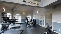 This fitness center is housed in a single-story space distinguished by its vaulted, wood-paneled ceiling that adds architectural character and a sense of openness overhead. The room's elevated ceiling height contributes to an airy atmosphere, making the workout environment feel spacious and comfortable. The walls are finished in a two-tone scheme, with a soft gray upper half and a deeper gray-blue lower half, creating a clean, modern aesthetic. Arched windows along one wall allow natural light to filter into the space, enhancing visibility and ambiance during daytime use. Wall-mounted sconce lighting supplements illumination throughout the room. The flooring consists of dark rubber gym matting, providing durability and support underfoot. The space is equipped with a selection of modern cardio machines, including treadmills and elliptical trainers, arranged to allow comfortable circulation. A set of French doors with glass panes provides access to an adjoining area, adding to the facility's refined design. Track lighting mounted to the ceiling structure further highlights the workout area. Overall, the fitness center balances practical functionality with thoughtful architectural details.
