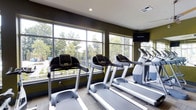 The fitness center at The Henry at Fritz Farm is a thoughtfully designed workout space that combines functionality with an inviting atmosphere. Large floor-to-ceiling windows line the room, flooding the space with natural light and offering refreshing views of the surrounding greenery and outdoor amenities, creating an energizing backdrop for exercise. The contemporary interior features dark accent walls that contrast with the bright, airy feel brought in by the generous glazing. A row of modern treadmills and cardio machines are positioned to take full advantage of the outdoor views, making workouts more engaging and enjoyable. A wall-mounted flat-screen television provides additional entertainment options for residents during their sessions. The flooring is finished with durable, wood-look material suited for a high-traffic fitness environment. Recessed lighting complements the natural light throughout the day, ensuring the space remains bright and well-lit at all hours. The overall layout is clean and organized, offering residents a well-equipped, comfortable environment to maintain an active lifestyle without leaving the property.