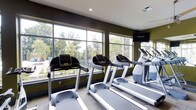 The fitness center at The Henry at Fritz Farm is a thoughtfully designed workout space that combines functionality with an inviting atmosphere. Large floor-to-ceiling windows line the room, flooding the space with natural light and offering refreshing views of the surrounding greenery and outdoor amenities, creating an energizing backdrop for exercise. The contemporary interior features dark accent walls that contrast with the bright, airy feel brought in by the generous glazing. A row of modern treadmills and cardio machines are positioned to take full advantage of the outdoor views, making workouts more engaging and enjoyable. A wall-mounted flat-screen television provides additional entertainment options for residents during their sessions. The flooring is finished with durable, wood-look material suited for a high-traffic fitness environment. Recessed lighting complements the natural light throughout the day, ensuring the space remains bright and well-lit at all hours. The overall layout is clean and organized, offering residents a well-equipped, comfortable environment to maintain an active lifestyle without leaving the property.