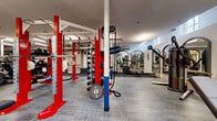 Located at 423 E 36th Street in Charlotte's Plaza Midwood neighborhood, this single-floor fitness facility combines thoughtful architectural design with a comprehensive array of workout equipment. The space is defined by its striking series of arched mirror frames lining the walls, lending a distinctive character that sets it apart from a typical gym environment. High ceilings with exposed ductwork contribute to an open, industrial aesthetic, while large clerestory windows allow natural light to filter into the space.

The strength training zone is anchored by a bold red power rack system outfitted with barbells, weight plates, and resistance training accessories, providing a fully functional area for free weight and compound movements. Nearby, a dedicated dumbbell station features a full rack of weights alongside adjustable benches, catering to a wide range of resistance exercises.

The cardio section houses stationary bikes, treadmills, ellipticals, and a Concept2 rowing machine, offering diverse options for aerobic conditioning. Structural columns accented in blue punctuate the floor plan while supporting the layout's open flow. Durable carpet tile flooring transitions throughout the space, and a ballet barre runs along one mirrored wall, suggesting the facility also supports functional movement or group fitness programming. Bright linear lighting ensures excellent visibility throughout the entire facility.
