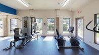 Located at Villas of Hulen Bend in Fort Worth, Texas, this single-floor fitness center is designed to support a well-rounded workout experience. The space is divided into two connected zones, each equipped with a distinct category of exercise equipment, allowing users to move seamlessly between cardio and strength training.

The main workout area features rubberized flooring throughout, providing both safety and durability underfoot. Cardio equipment includes a True treadmill and a True upright stationary bike, positioned to take advantage of the natural light streaming through multiple large windows that overlook the surrounding greenery. A multi-station cable machine offers a range of resistance training options, complemented by a dedicated free weight area housing a full rack of dumbbells and an adjustable workout bench.

The walls are painted white with bold blue accent graphics and motivational words — "FIT," "STRENGTH," and "FOCUS" — lending the space an energetic and purposeful atmosphere. Overhead fluorescent lighting ensures consistent illumination throughout. A secondary open area adjoins the main gym, bright with floor-to-ceiling windows, providing additional functional space. Fitness center rules are posted near the entrance, and the layout is efficient and easy to navigate, making this facility a practical and well-appointed amenity.