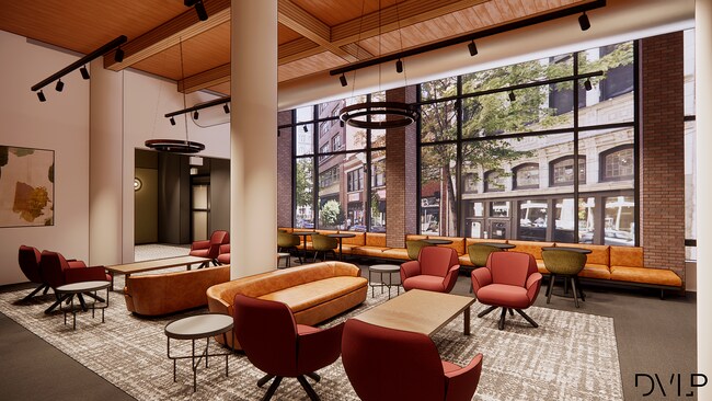 Elegante y acogedora sala de estar con lujosos asientos, iluminación moderna y una pared de ventanas de piso a techo que ofrecen una vibrante vista de la ciudad. - Bogen Lofts Apartments