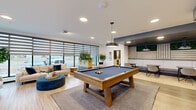 Located at 3991 Spring St in Regina, Saskatchewan, this contemporary clubhouse offers a thoughtfully designed communal space spread across a single floor. The open-concept layout is anchored by a bright, sun-filled lounge area lined with expansive floor-to-ceiling windows dressed in layered roller blinds, flooding the interior with natural light and offering views of the surrounding neighbourhood. Comfortable neutral-toned sofas and armchairs are arranged around a plush blue ottoman, creating an inviting gathering area. A full-size billiards table serves as a central recreational feature, complemented by an adjacent bar-height seating area with a slatted wood accent wall.

The kitchen is sleek and fully equipped, featuring a large white quartz island with bar-stool seating, stainless steel appliances, a subway tile backsplash, open shelving with greenery accents, and pendant lighting overhead. A cozy private nook with booth-style seating provides a quieter retreat within the space. Light wood-tone flooring runs throughout, tying together the modern aesthetic. An accessible washroom with grab bars and clean white finishes rounds out the amenities. Lush indoor plants are thoughtfully placed throughout, adding warmth and life to the overall atmosphere.