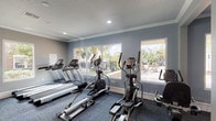 This single-floor fitness center is thoughtfully designed to support a comprehensive workout experience. The space is finished with cool blue-gray walls, crown molding, textured ceilings, and durable patterned carpet flooring throughout, creating a clean and functional atmosphere.

The cardio zone is positioned along a windowed wall, offering views of an outdoor pool and palm tree-lined patio area. Multiple treadmills and elliptical machines are arranged to take full advantage of the natural light and outdoor scenery, making workouts more engaging.

The strength training area features a multi-station cable and weight machine, a leg extension and curl machine, a vertical knee raise station, and an adjustable weight bench. A well-stocked dumbbell rack provides a range of free weight options for varied resistance training. The area is further enhanced by a full wall of floor-to-ceiling mirrors, which amplify the sense of space and allow users to monitor their form during exercises.

A dedicated functional training zone offers stability balls, resistance tools, and yoga mats neatly organized on a wall-mounted rack. Recessed lighting provides even illumination across the entire facility. The layout flows openly between zones while maintaining clear sightlines, and multiple entry and exit doors ensure convenient access throughout the space.