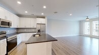 Located at 4000 Galantis Dr in Morehead City, NC, this well-appointed one-bedroom, one-bathroom unit offers a thoughtfully designed single-floor layout with modern finishes throughout. The heart of the home is a bright, open-concept living, dining, and kitchen area unified by light hardwood-style flooring and recessed lighting. The kitchen is a standout feature, showcasing white shaker cabinetry, dark granite countertops, a subway tile backsplash, a central island with a built-in sink, and a full suite of stainless steel appliances including a refrigerator with ice maker, electric range, and over-the-range microwave. A dedicated pantry provides additional storage. The spacious bedroom offers a ceiling fan, natural light from a large window, and access to multiple closets with wire shelving systems for organized storage. The bathroom features a white shaker vanity with a framed mirror, modern lighting, and hardwood-style flooring consistent with the rest of the unit. Additional conveniences include a dedicated laundry area and two hallways connecting the living spaces efficiently. The clean, neutral color palette and contemporary detailing give this unit a fresh, move-in-ready appeal.