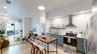 Located at 403 N First St in Rogers, Arkansas, this thoughtfully designed one-bedroom, one-bathroom unit offers a cohesive modern aesthetic across its single-floor layout. The open-concept kitchen and living area serves as the heart of the space, where sage-green cabinetry pairs with white tile backsplash, granite-look countertops, and a full suite of stainless steel appliances, including a gas range, dishwasher, and refrigerator. A stainless wall-mounted range hood adds an industrial touch, while a built-in peninsula with bar seating provides a functional dining area. Light wood flooring flows throughout, enhancing the bright, airy atmosphere created by white walls and recessed lighting. The living area is generously proportioned, featuring a sliding glass door that opens to a private outdoor space, flooding the room with natural light. The bedroom is a calm retreat with a large window, a walk-in closet with barn-style sliding doors, and ample room for a full furniture arrangement. The bathroom continues the green cabinetry theme with a granite-top vanity, large mirror, and a shower/tub combination, all set on herringbone-patterned wood-look flooring. Clean lines and contemporary finishes define this well-appointed Rogers residence.