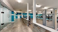 Located at 4946 Snapfinger Woods Dr in Decatur, GA, this single-floor fitness facility offers a comprehensive workout environment spanning a generous footprint. The main gym area is defined by bold teal accent walls trimmed with a stone veneer half-wall, rubber flooring, and large mirrors that visually expand the space. This area is outfitted with a full array of strength training machines, cable equipment, free weights, and a row of treadmills positioned near exterior-facing doors that allow natural light to flow in and provide views to the outdoor surroundings. Two dedicated group exercise and training studios feature neutral-toned carpet tile flooring, bright recessed panel lighting set into drop ceilings, full-wall mirrors, and glass partition walls. These versatile rooms are equipped with kettlebells, medicine balls, and step platforms, supporting a wide range of classes and personal training sessions. The facility also includes two full racquetball courts with polished hardwood floors, crisp white walls with regulation red line markings, and soaring ceiling heights illuminated by skylight panels. The overall ambiance is energetic yet functional, with motivational signage throughout and a clean, modern aesthetic that supports an active and focused fitness experience.