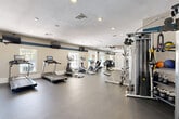 Located at 11000 Point Sylvan Circle in Orlando, Florida, this fitness center offers a comprehensive workout facility designed to accommodate a wide range of exercise needs. The single-floor space features durable dark rubber flooring throughout, providing a safe and practical surface for all types of training activities.

The cardio section is well-appointed with multiple treadmills, elliptical machines, and a rowing machine, all arranged to maximize the open floor plan. For strength training, the facility includes a multi-station cable machine, a power rack, and a dedicated free weights area with barbells, dumbbells, kettlebells, and medicine balls neatly organized on racks along the wall.

Large windows positioned along multiple walls invite abundant natural light, creating an energizing atmosphere. Full-length mirrors span one wall, visually expanding the space and allowing users to monitor their form during workouts. Recessed lighting in the textured ceiling supplements the natural light, ensuring the space remains well-lit throughout the day. Wall-mounted televisions provide entertainment during cardio sessions.

The walls feature a distinctive teal accent stripe, adding a polished, purposeful aesthetic to the beige interior. The space is clean, organized, and thoughtfully arranged to support a full-body fitness routine in a comfortable community setting.