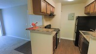 This single-floor space showcases a compact yet efficiently designed kitchen as its central feature. The kitchen is equipped with a black gas range and an overhead ventilation hood, complemented by warm-toned wood cabinetry that provides ample upper storage. A peninsula with a granite-style countertop extends outward, creating a natural division between the kitchen and the adjoining living area, while also offering additional workspace and casual seating potential. The countertops feature a speckled earth-tone finish that pairs well with the dark lower cabinetry. Rich, dark hardwood-style flooring runs throughout the kitchen and connecting spaces, adding warmth and visual continuity. The adjacent living area transitions to carpeted flooring, visible through the open passageway, providing a textural contrast. Neutral, light yellow walls keep the space feeling bright and open. An electrical panel is conveniently mounted on the wall near the kitchen, and recessed under-cabinet space beneath the range area adds practical storage. The overall layout promotes a seamless flow between cooking and living areas, making the space feel connected and functional.