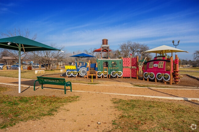 Atascosa River Park in Pleasanton has a fun train-style playground for kids to play on.
