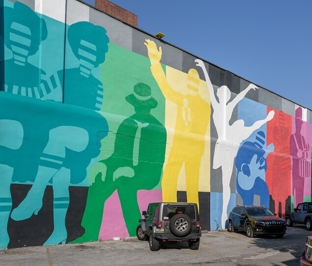 A mural in the Theatre District celebrates Birmingham artists