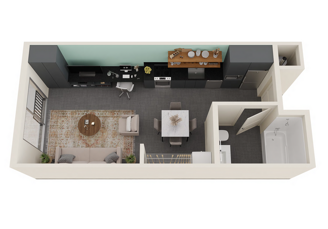 Discover your perfect space in this modern studio apartment with an open-concept design and stylish finishes. - Dwell @ 5th and Farmer