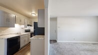 Located at 316 W 34th St in Steger, Illinois, this single-floor unit offers a well-organized layout with a clean, neutral aesthetic throughout. The kitchen is a standout feature, equipped with gray shaker-style cabinetry, granite-look countertops, a stainless steel sink, a gas range, dishwasher, and a refrigerator. Hardwood-style flooring runs through the kitchen and connects seamlessly to the entryway, while plush carpet covers the living and bedroom areas, adding warmth underfoot. The living space is generously sized, bathed in natural light through large windows dressed with vertical blinds, and includes a wall-mounted air conditioning unit and baseboard heating for year-round comfort. The bedrooms are similarly carpeted and bright, each featuring baseboard heaters and ample closet space with built-in shelving and hanging rods. The bathroom is neatly appointed with a gray vanity cabinet, white countertop, mirror medicine cabinet, and wood-look flooring, illuminated by a three-bulb vanity light fixture. Throughout the unit, a consistent gray-and-white color palette creates a cohesive, modern feel. The open passage between the kitchen and living areas enhances the sense of flow and functionality within this well-maintained single-level space.