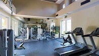 This fitness center is designed to support a comprehensive workout experience within a single-level space. The room is anchored by soaring vaulted ceilings that create an open, airy atmosphere, while strategically placed high windows allow natural light to filter in alongside large glass-paned doors that brighten the interior and provide views of the outdoors.

A full wall of mirrors along one side visually expands the space and allows exercisers to monitor their form throughout their workouts. The flooring consists of dark rubberized material, providing both durability and cushioning suited to high-activity use.

The facility is outfitted with a well-rounded selection of equipment, including treadmills, stationary bikes, and various strength training machines positioned throughout the room. A medicine ball rack and additional free-standing equipment add versatility to the available workout options. Decorative potted plants are placed near the entrance doors, adding a touch of greenery that softens the functional environment. Overall, the space strikes a balance between practicality and comfort, making it a fully functional fitness amenity.