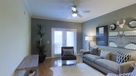 This single-floor space features a thoughtfully designed living area that balances style and comfort. The room is finished with warm hardwood flooring and soft grey walls accented by crisp white crown molding, creating a polished, contemporary aesthetic. A ceiling fan with a built-in light fixture is centrally mounted, providing both airflow and ambient lighting.

Natural light fills the space through a set of white-framed French doors that open to an outdoor balcony or patio, offering an airy connection to the outdoors. The doors are fitted with slatted blinds, allowing for adjustable privacy and light control.

The living area is generously proportioned, comfortably accommodating a full sofa with decorative pillows, a sleek accent chair, and a console table topped with a stylish lamp. A large potted tree adds a natural, organic element to the corner of the room, enhancing the overall ambiance. A white area rug grounds the seating arrangement, adding texture and warmth underfoot.

The space presents a cohesive, modern interior with thoughtful details that create an inviting and functional living environment.
