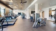 Located at 3900 Robinson Rd in Grand Prairie, Texas, this well-appointed fitness center offers a spacious, single-floor layout designed to accommodate a comprehensive workout experience. The exercise room is thoughtfully organized into distinct zones, seamlessly blending cardio and strength training areas within an open, flowing floor plan.

The space features a striking contemporary aesthetic, with a dark-toned ceiling accented by geometric LED lighting panels that add a modern, energetic ambiance. Large floor-to-ceiling windows line portions of the perimeter, flooding the interior with natural light and offering views of the surrounding outdoor areas and community grounds. Ceiling fans are strategically positioned throughout to ensure comfort during workouts.

The cardio zone is equipped with a row of Matrix stair climbers, treadmills, and elliptical machines, all positioned to take advantage of the natural light and outdoor views. The strength training area features a robust selection of Matrix cable and selectorized machines, free weights, dumbbells, and a dedicated functional training station outfitted with kettlebells, medicine balls, TRX suspension trainers, and battle ropes. Full-length mirrors and a large flat-screen TV enhance the training environment. The flooring transitions between light hardwood and durable dark rubber, delineating the different training zones while maintaining a cohesive, polished look throughout.