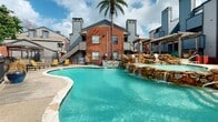 Located at 10730 Glenora Dr in Houston, Texas, this outdoor amenity space serves as a central gathering area defined by a resort-inspired design. The centerpiece is a generously sized freeform swimming pool with vivid turquoise water, complemented by a striking natural stone waterfall feature that adds both visual interest and a relaxing ambiance. Towering palm trees rise throughout the courtyard, lending a tropical character to the setting.

The pool deck is finished with stone-edged coping and a surrounding concrete patio, furnished with yellow lounge chairs and seating arrangements that invite relaxation. A pergola structure provides a shaded outdoor retreat for residents seeking respite from the sun. Wrought iron fencing neatly borders sections of the space, defining pathways and seating areas along the perimeter.

The courtyard is enclosed by multi-story residential buildings featuring a combination of classic red brick and gray lap siding exteriors, with individual chimneys and exterior stairwells visible throughout. The architectural composition creates an intimate, enclosed feel while the open sky above maintains a sense of spaciousness. Overall, this outdoor space offers a well-appointed, amenity-rich environment designed for leisure and community living in the heart of northwest Houston.