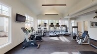 This fitness center is a thoughtfully designed, single-floor facility that combines functionality with an open, airy atmosphere. The space is anchored by soaring vaulted ceilings that create a sense of openness, while large, multi-pane windows line the walls, flooding the interior with natural light and offering views of the surrounding landscaped grounds and seasonal foliage.

The cardio zone is generously equipped with multiple treadmills, upright and recumbent stationary bikes, and elliptical cross-trainers, all positioned to take advantage of the natural light and outdoor views. Overhead, modern linear pendant lighting provides consistent illumination throughout the space, complementing the bright, neutral white walls and dark-toned carpet flooring.

The strength training area features a multi-station cable machine, weight benches, a lat pulldown system, and a dumbbell rack, offering a comprehensive range of resistance training options. Full-length mirrors are strategically placed to enhance the sense of space and support proper form during workouts.

A wall-mounted flat-screen television is positioned for visibility from the cardio equipment. The overall design is clean and modern, with a welcoming ambiance that encourages an effective workout experience. Additional utility areas and entry corridors provide seamless access and transition throughout the facility.