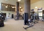 This fitness center offers a well-appointed workout environment designed with both functionality and aesthetics in mind. The space is defined by soaring double-height ceilings that lend an open, airy feel, complemented by large decorative columns clad in rich wood-toned paneling that add an architectural elegance rarely found in a gym setting. Stylish globe pendant lights hang throughout, providing warm, ambient illumination that enhances the overall atmosphere. The walls feature floor-to-ceiling vertical striped accent panels, adding a refined, contemporary touch to the interior design. The facility is outfitted with a wide array of professional-grade strength training machines, strategically arranged to allow ample space between equipment for comfortable movement. Mounted flat-screen televisions are positioned throughout the space, allowing members to stay entertained during their workouts. Light-toned flooring and neutral wall colors contribute to the clean, modern aesthetic. The combination of thoughtful design details, generous vertical space, and a comprehensive equipment selection makes this fitness center a premium amenity that balances a welcoming ambiance with serious workout capability.