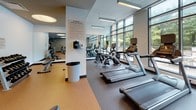 This fitness center is a thoughtfully designed, single-floor facility built to support a comprehensive workout experience. The space is anchored by a striking wall of floor-to-ceiling windows that floods the interior with natural light and offers expansive views of a lush, tree-lined outdoor pool area, creating an energizing and refreshing atmosphere for exercise.

The cardio zone lines the window wall and features multiple treadmills, elliptical trainers, and a stationary bike, all equipped with individual display consoles. The flooring transitions between durable rubber matting near the cardio equipment and a cork-style surface in the strength and functional training areas, providing both grip and cushioning throughout.

The strength training section is well-appointed with a multi-station cable and resistance machine, a rack of dumbbells in graduated weights, a flat weight bench, and exercise accessories such as stability balls and yoga mats. A large wall mirror spans one side of the room, enhancing the sense of space and allowing users to monitor their form during workouts.

The ceiling features a dropped tile grid with integrated recessed and pendant lighting that supplements the abundant natural light. Framed artwork adorns the walls, adding a polished, welcoming aesthetic. The overall design balances functionality with a clean, modern finish, making this fitness center a well-rounded and inviting space for daily exercise.