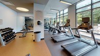 This fitness center is a thoughtfully designed, single-floor facility built to support a comprehensive workout experience. The space is anchored by a striking wall of floor-to-ceiling windows that floods the interior with natural light and offers expansive views of a lush, tree-lined outdoor pool area, creating an energizing and refreshing atmosphere for exercise.

The cardio zone lines the window wall and features multiple treadmills, elliptical trainers, and a stationary bike, all equipped with individual display consoles. The flooring transitions between durable rubber matting near the cardio equipment and a cork-style surface in the strength and functional training areas, providing both grip and cushioning throughout.

The strength training section is well-appointed with a multi-station cable and resistance machine, a rack of dumbbells in graduated weights, a flat weight bench, and exercise accessories such as stability balls and yoga mats. A large wall mirror spans one side of the room, enhancing the sense of space and allowing users to monitor their form during workouts.

The ceiling features a dropped tile grid with integrated recessed and pendant lighting that supplements the abundant natural light. Framed artwork adorns the walls, adding a polished, welcoming aesthetic. The overall design balances functionality with a clean, modern finish, making this fitness center a well-rounded and inviting space for daily exercise.