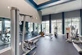 Located at 3859 Flat Shoals Pkwy in Decatur, GA, this well-appointed fitness center offers a generous, open layout across a single floor. The space is defined by soaring ceilings with a distinctive vaulted upper section and bold teal structural beams that add a modern, energetic character to the overall design. Walls are finished in a cool grey palette, complementing the dark rubber flooring that spans the entire workout area.

Natural light floods the interior through large floor-to-ceiling windows and expansive glass walls, offering views of the surrounding trees and a nearby outdoor pool area, creating an inviting and motivating environment. Full-length mirrors along one wall further enhance the sense of openness while serving a practical function for form-checking during workouts.

The fitness center is comprehensively equipped with a wide range of strength and cardio machines, including cable machines, leg press and resistance equipment, ellipticals, treadmills, rowing machines, and stationary bikes. A dedicated free weights area features a dumbbell rack and adjustable benches. A separate open zone with medicine balls and exercise balls supports functional training and flexibility work. The space is well-ventilated with ceiling fans and HVAC throughout, ensuring comfort during any workout.