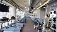 This fitness facility offers a comprehensive workout environment designed to accommodate a wide range of exercise needs. The space features an industrial aesthetic, highlighted by exposed ductwork, concrete ceilings, and track lighting that illuminate the room efficiently. Large windows along one side of the gym allow natural light to fill the space, creating an open and energizing atmosphere.

The cardio section is well-stocked with a row of treadmills and elliptical machines, all positioned to take advantage of the natural light from the windows. Opposite the cardio equipment, a dedicated free weights area includes a full rack of dumbbells in graduated sizes, paired with adjustable benches for a variety of strength training exercises. Mirrored walls along this section enhance the sense of space while allowing users to monitor their form.

The flooring consists of dark rubber tiles, providing durability and safety throughout the workout area. Overhead, a combination of industrial pendant lights and recessed fixtures ensures consistent, well-distributed lighting across the entire facility. The overall ambiance is functional and modern, making it a practical and inviting space for fitness enthusiasts.
